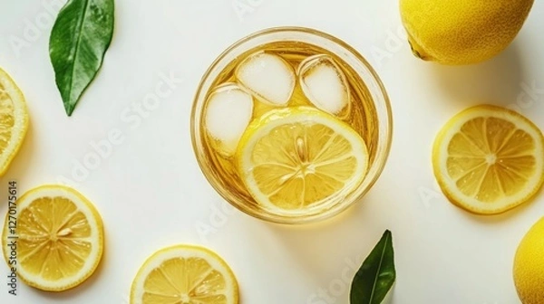 Fototapeta Refreshing iced lemon tea, perfect for a hot summer day.  The vibrant yellow of the lemons contrasts beautifully with the pale yellow of the drink and the green leaves.