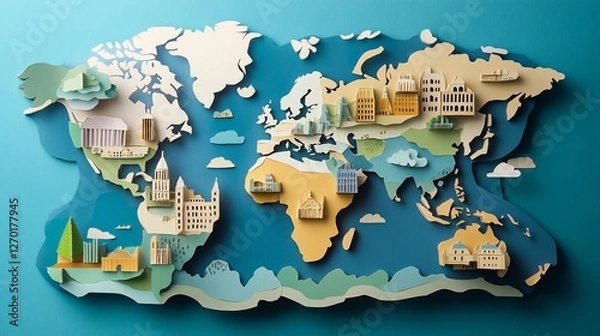 Fototapeta A handcrafted world map using layered paper cutouts showcasing various landmarks and architecture