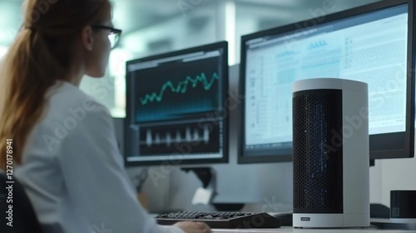 Fototapeta Scientist Analyzing Data at Her Desk in a Modern Research Laboratory