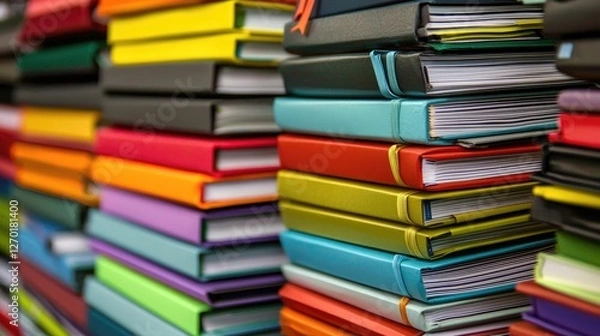 Fototapeta A vibrant collection of colorful notebooks stacked neatly on shelves in a stationery store