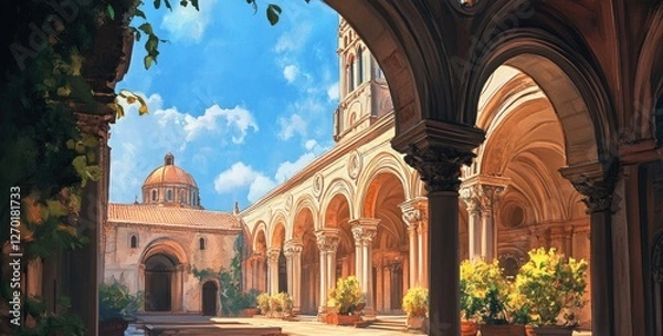 Fototapeta Hyper-Realistic Watercolor of Monreale Cathedral’s Baroque Arches Under a Blue Sky