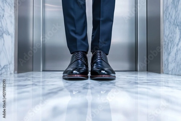 Obraz Businessman steps onto a marble floor in a corporate office setting with polished shoes