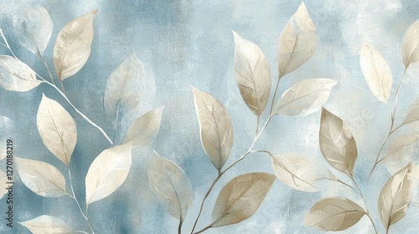 Fototapeta Elegant leaves pattern on a textured blue background, suitable for home decor or design projects