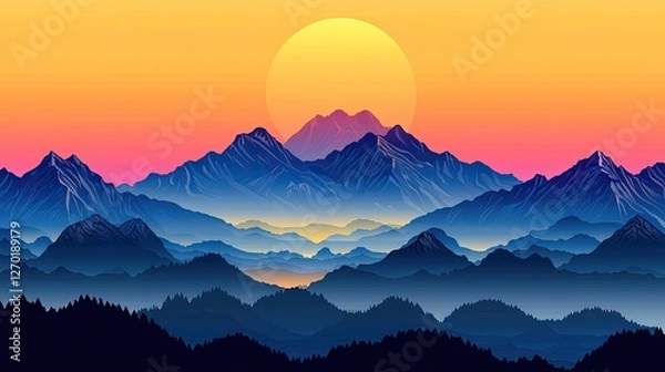 Fototapeta Vibrant sunset over layered mountain ranges with a serene valley in the foreground