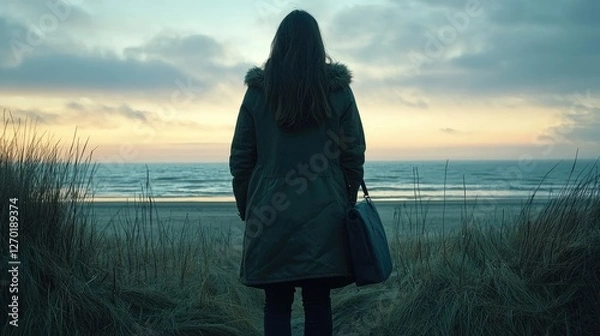 Fototapeta Woman in a green coat stands on a beach at sunset, gazing at the ocean waves and sky