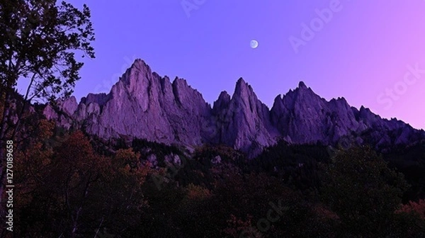 Fototapeta Majestic mountain range under a twilight sky with a crescent moon illuminating the peaks