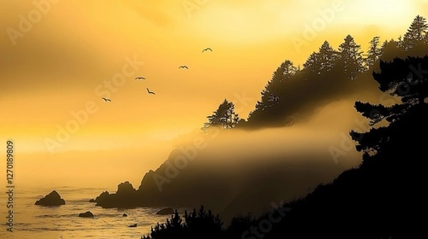 Fototapeta Serene sunset over coastal cliffs with silhouettes of trees and birds in the sky