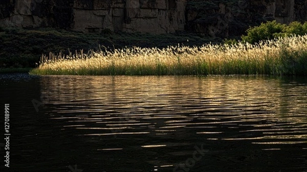 Fototapeta Serene riverbank at sunset with golden grasses reflecting on calm water, surrounded by cliffs