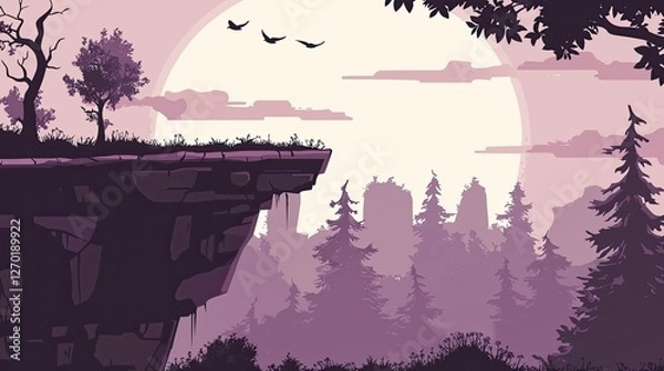 Fototapeta Serene landscape at dusk with silhouetted trees, birds flying, and distant city skyline