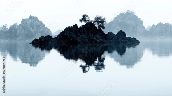 Fototapeta Serene landscape featuring a rocky island with trees reflected in calm water at dawn