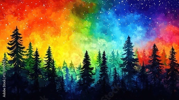 Fototapeta Vibrant abstract forest landscape under a starry sky with colorful hues and blended colors