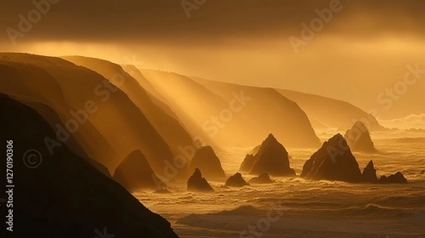 Fototapeta Serene golden hour over rugged coastal cliffs with sun rays illuminating the ocean waves