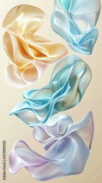 Fototapeta Abstract composition of flowing, translucent fabric in soft pastel colors against a neutral backdrop