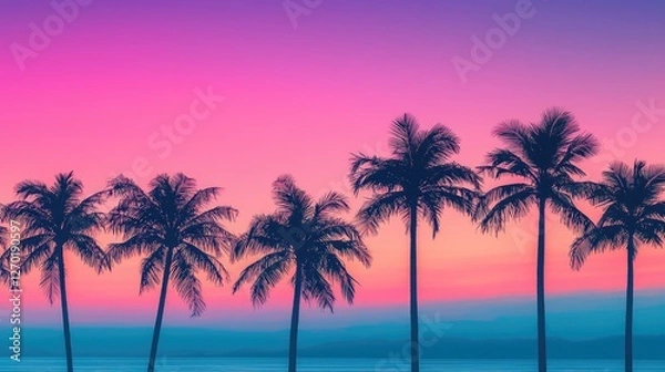 Fototapeta Vibrant sunset over a serene beach with silhouetted palm trees and a tranquil ocean view