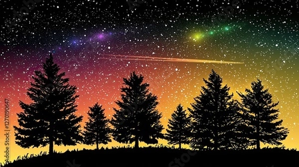 Fototapeta Silhouette of Pine Trees Under a Starry Sky with Colorful Auroras and a Shooting Star
