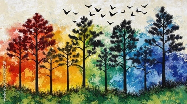 Fototapeta Vibrant abstract landscape with colorful trees and flying birds against a textured background