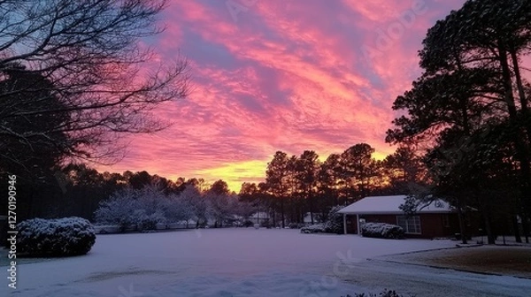 Fototapeta Stunning winter sunset casting vibrant colors over a snowy landscape with trees and a building