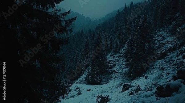 Fototapeta Snow-covered forest landscape with dark pine trees, misty mountains in the background