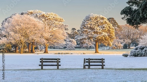 Fototapeta Serene winter landscape featuring snow-covered trees and benches in a tranquil park setting