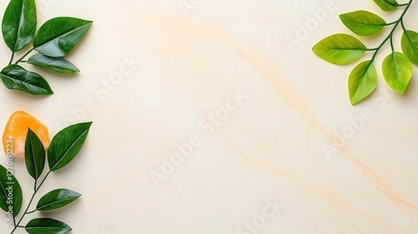 Fototapeta Serene flat lay of green and yellow leaves on a soft marble background, ideal for nature-themed designs