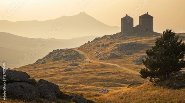 Fototapeta Scenic view of two ancient stone towers on a hillside during sunset with mountains in background