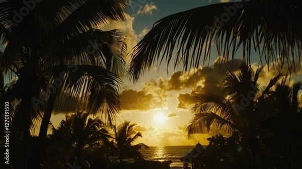 Fototapeta Sunset over a tropical beach framed by palm trees with clouds reflecting golden hues