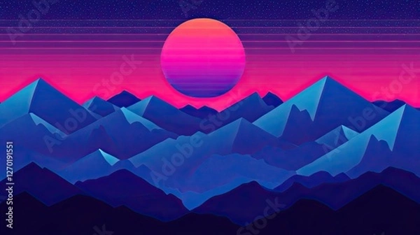 Fototapeta Vibrant sunset over stylized mountains with a colorful gradient sky, ideal for digital art