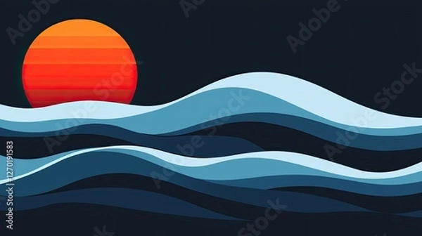 Fototapeta Abstract illustration of a vibrant sunset over stylized waves, creating a serene atmosphere