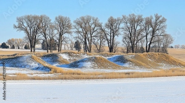 Fototapeta Snow-covered hills with trees in the background under a clear blue sky in winter landscape