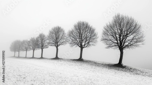 Fototapeta Serene winter landscape featuring a row of bare trees in fog against a snowy field