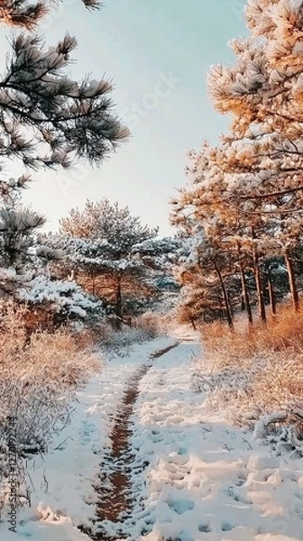 Fototapeta Serene winter landscape with snow-covered trees lining a peaceful forest path at sunset