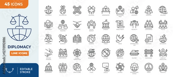 Fototapeta Diplomacy icon set. Containing ambassador, negotiation, embassy, diplomat, foreign policy, consulate, international relations, and more. Outline Icon Collection. Vector illustration. Editable stroke