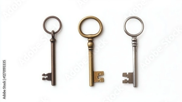 Fototapeta Three antique keys in bronze, gold, and silver, arranged on a white background.  A collection of vintage keys.