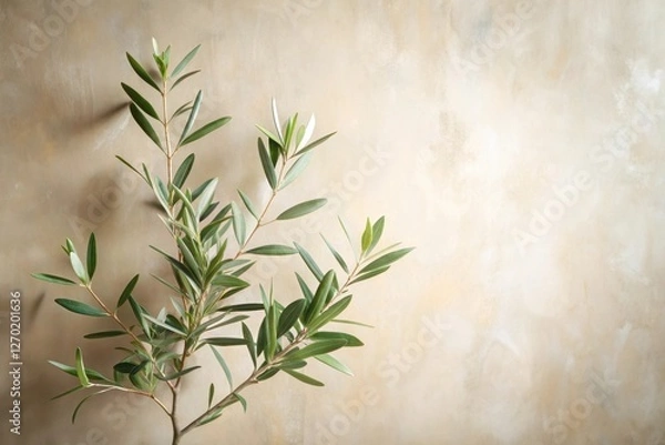 Fototapeta Serene Olive Branch Against a Textured Beige Background A Symbol of Peace and Tranquility