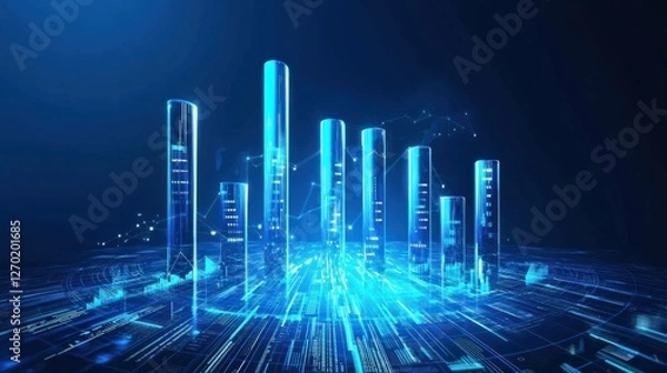 Fototapeta Abstract Data Visualization with Glowing Bars and Lines in Blue