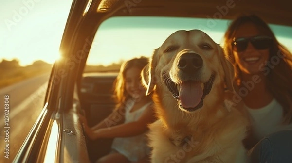 Obraz Happy family with their Labrador dog enjoying a weekend road trip. Parents and daughter share smiles in a cozy car, bathed in warm sunlight, ready for an adventure.