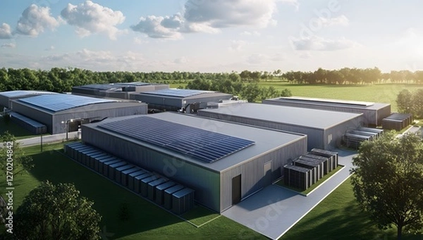 Fototapeta Aerial view of modern data center complex with solar panels, surrounded by trees and fields