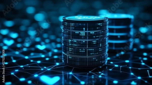 Obraz Data science and database management with AI, cloud computing, futuristic IT background with low-poly wireframe elements, dark blue.