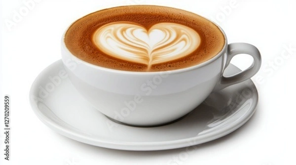 Fototapeta A delightful cup of latte art, featuring a heart design, served in a classic white cup and saucer.