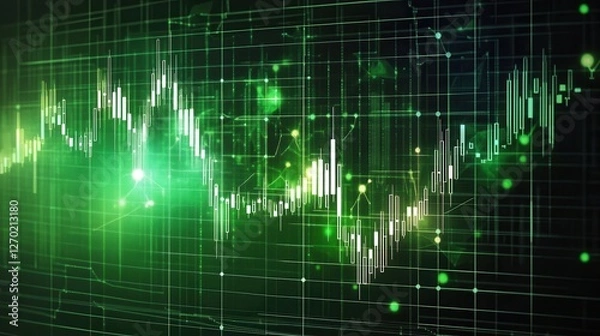 Fototapeta Dynamic green financial graph with glowing lines and data points, illustrating market trends and growth.