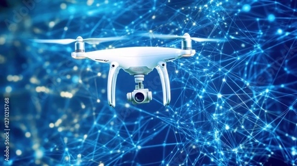 Fototapeta Drone flying network data, aerial view