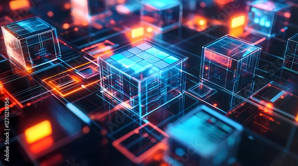 Fototapeta Futuristic 3D Cubes in Blue and Red Gradient on Black Background