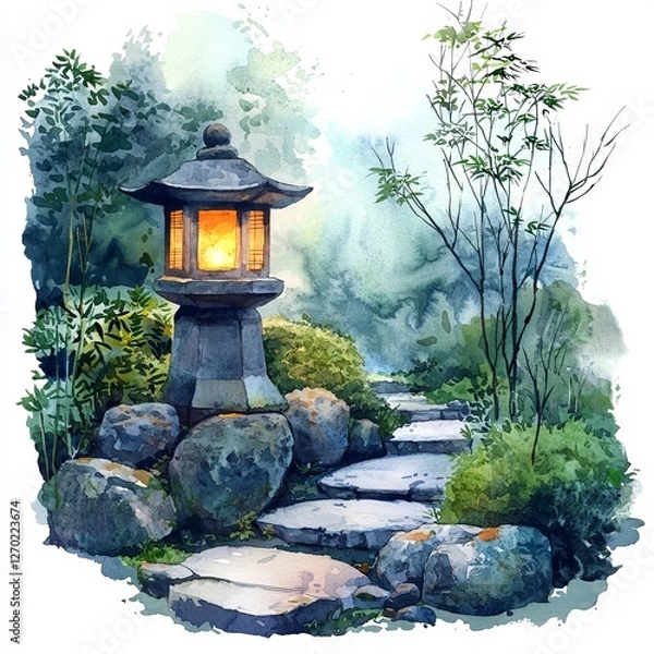 Obraz Watercolor painting of a zen garden with a stone lantern softly glowing at dusk, on isolated white background