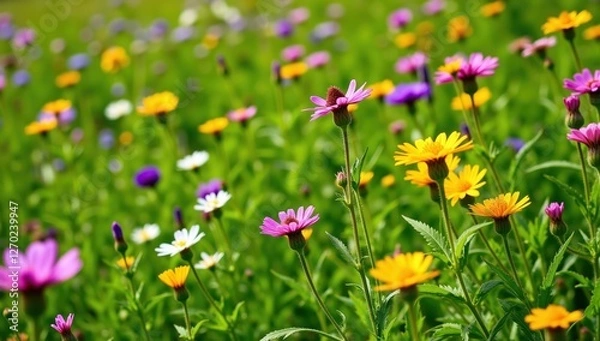 Fototapeta Colorful Blooms Swaying in a Sunny Meadow with Gentle Breeze