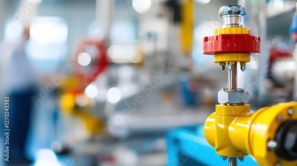 Fototapeta Close up of industrial valve system with vibrant colors in a factory setting showcasing precision engineering and equipment with a blurred background