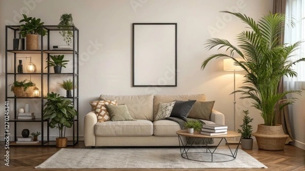 Fototapeta Modern Living Room with Mock Up Poster Frame, Cozy Beige Sofa, Stylish Plants, Elegant Shelf, Chic Coffee Table, and Soft Boucle Rug - Long Exposure Photography