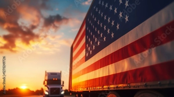 Obraz American Flag Displayed on Truck Trailer Against Sunset Sky and Clouds