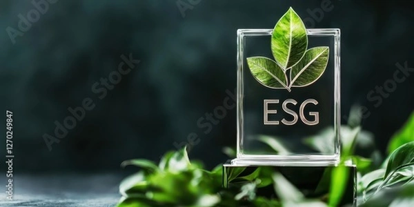 Fototapeta Glass trophy with leaves symbolizes sustainable ESG values on a dark background.