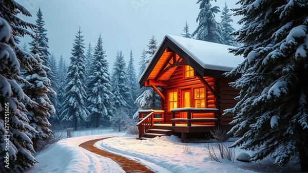 Fototapeta Cozy Winter Cabin in a Snowy Forest with Warm Glowing Lights