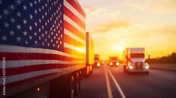 Obraz Trucks Driving on Highway with American Flag Background at Sunrise